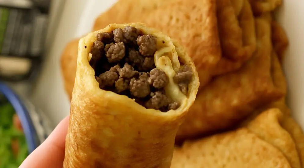 בלינצ׳ס במילוי בשר ופטריות, חתוך ומוגש על צלחת עם רוטב בצד